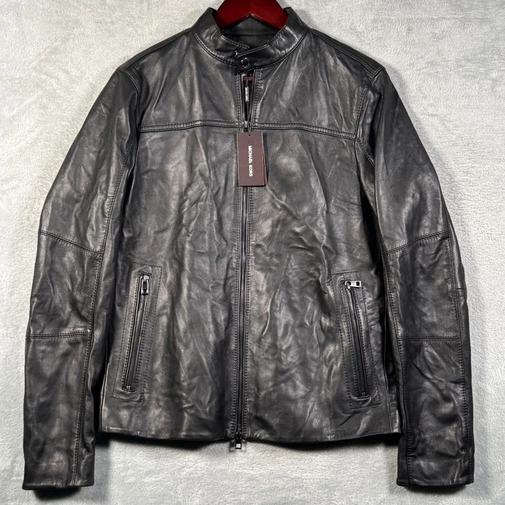 Michael Kors Leather Jacket Mens S Black Lamb Leather Moto Zip Racer $398